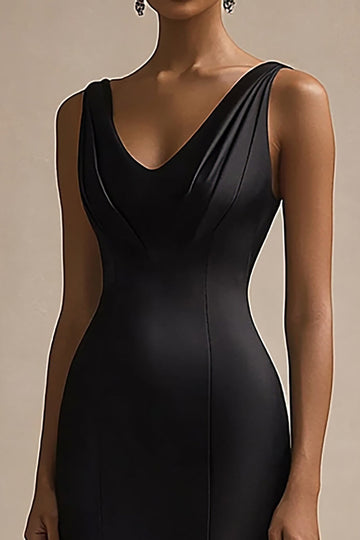 Black V Neck Mermaid Satin Long Evening Dress